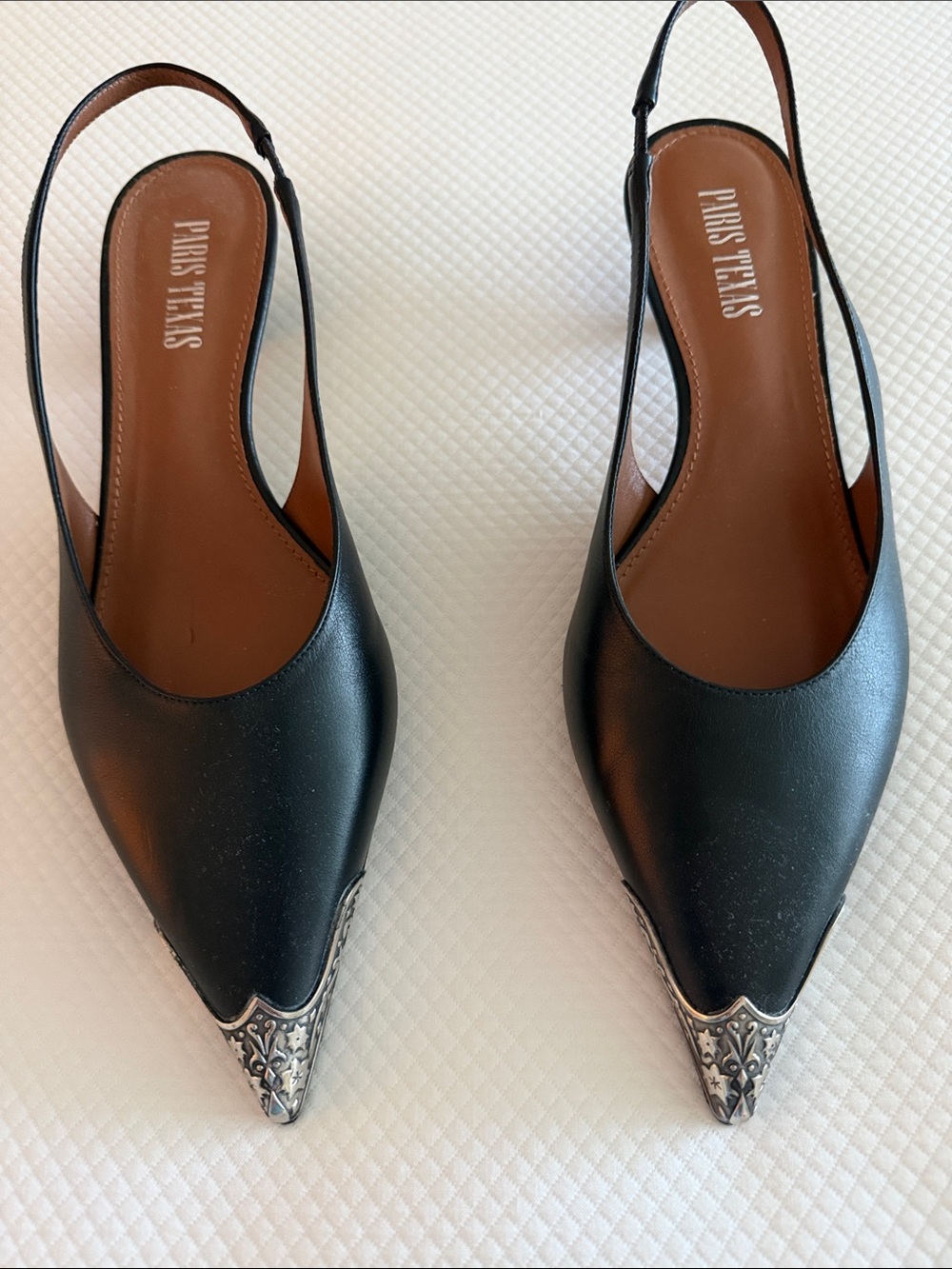 Paris Texas Black Pointed Slingback Flats with Ornate Silver Caps